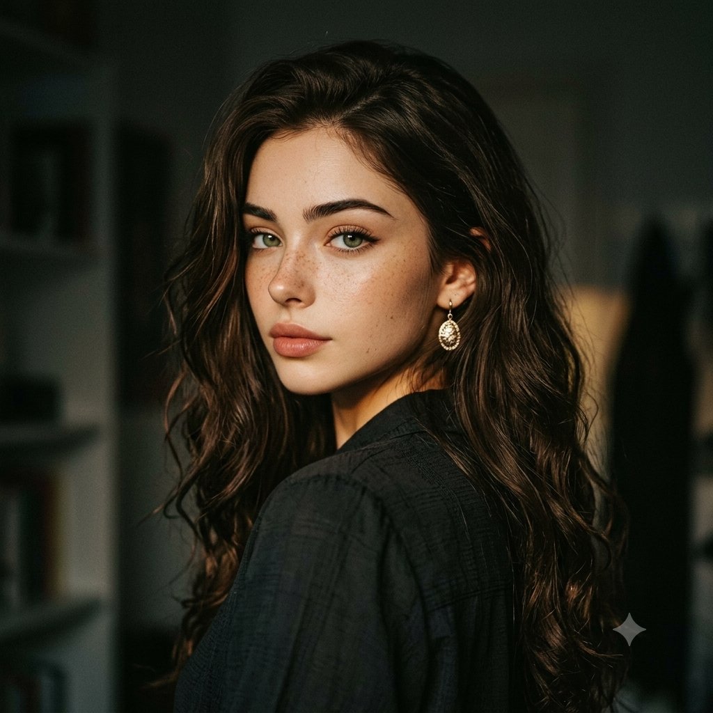 A young beautiful woman captured in a cinematic over-the-shoulder portr…