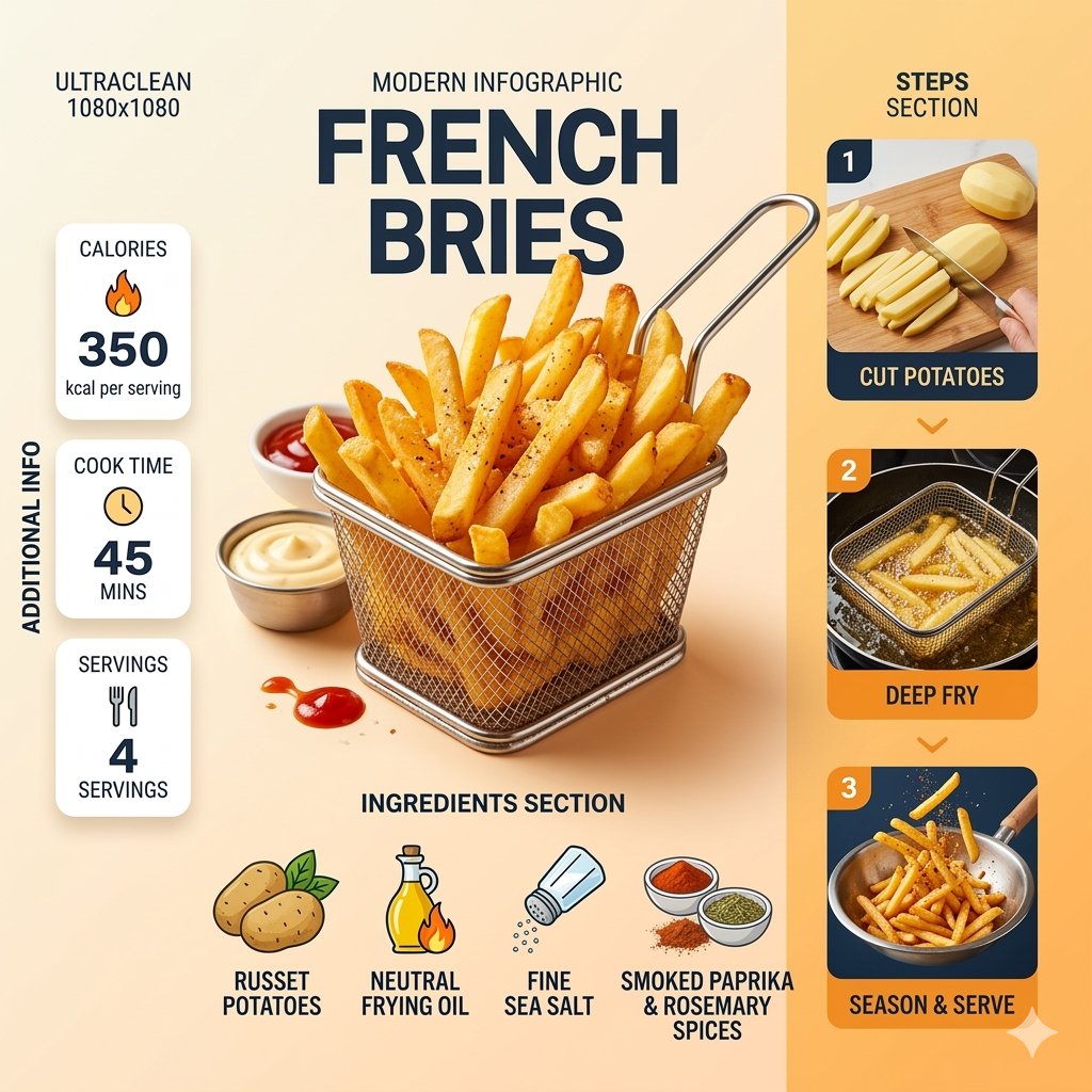 Ultra-clean modern recipe infographic. Showcase Crispy French Fries in …
