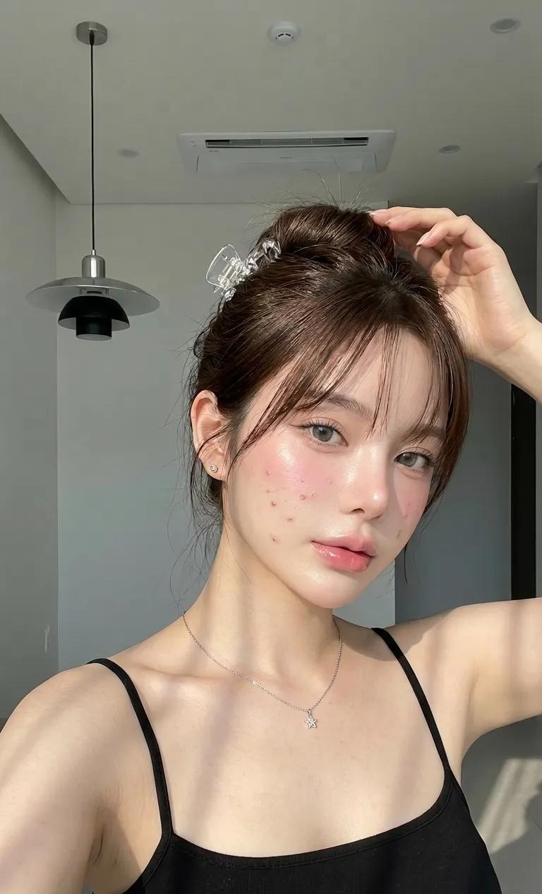 excessive makeup, overly blurred skin, plastic face, heavy beauty filte…