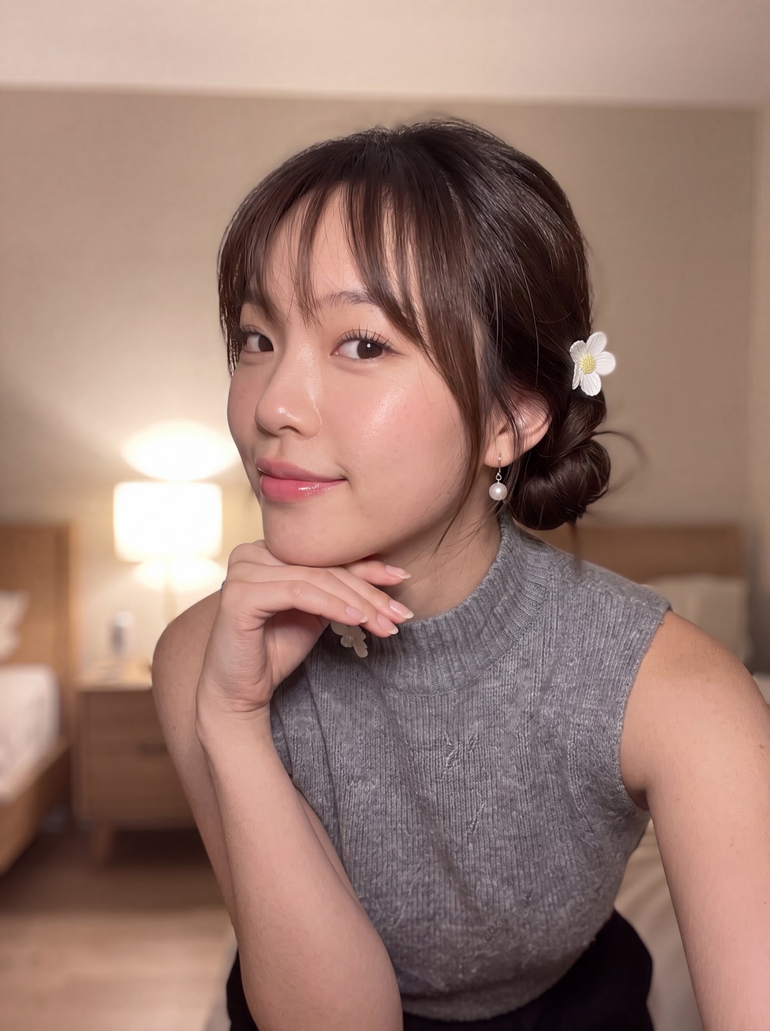 Photorealistic smartphone selfie of a beautiful young East Asian woman …