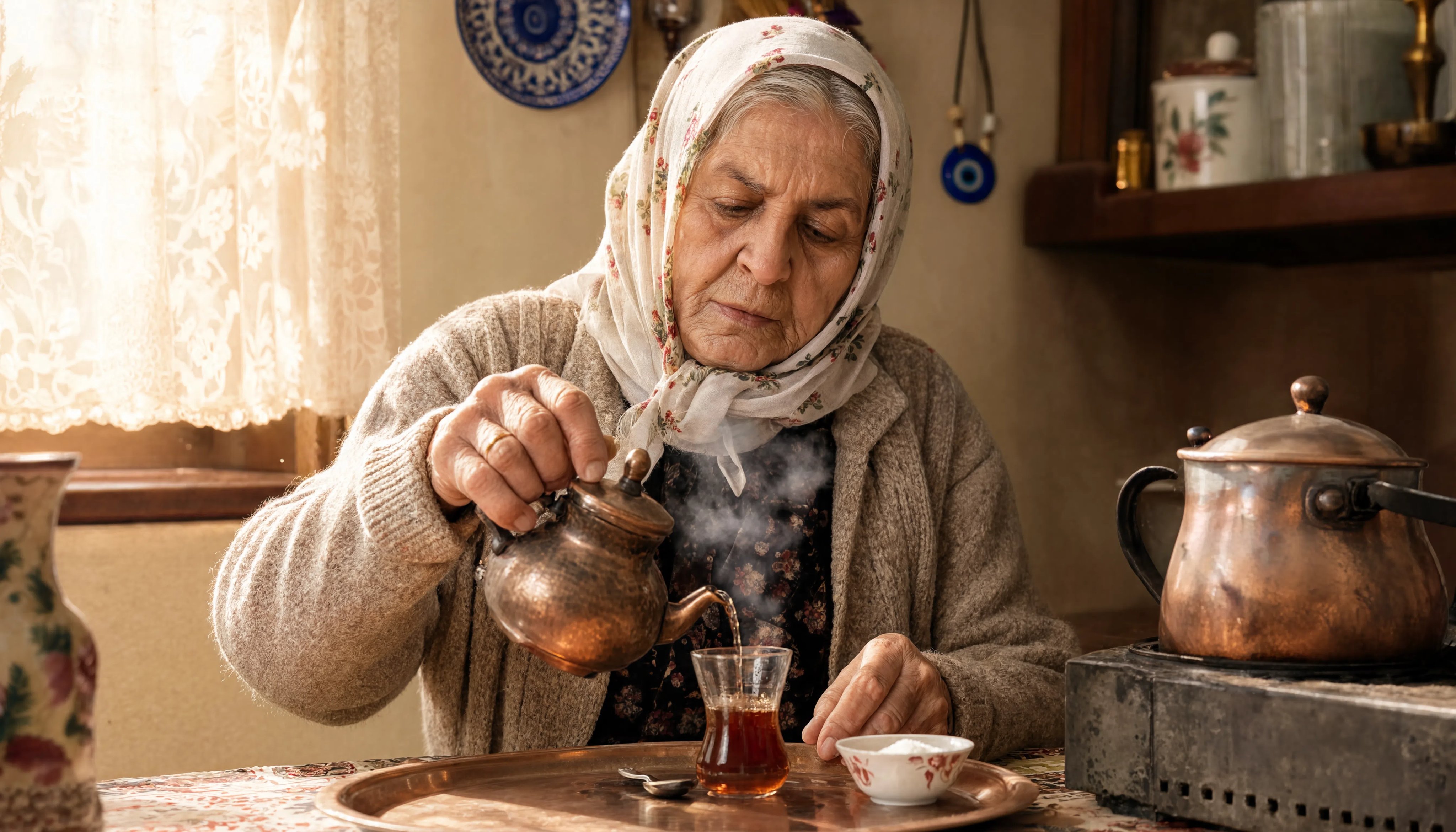 A 78-year-old Turkish grandma with a white floral headscarf (yazma), we…