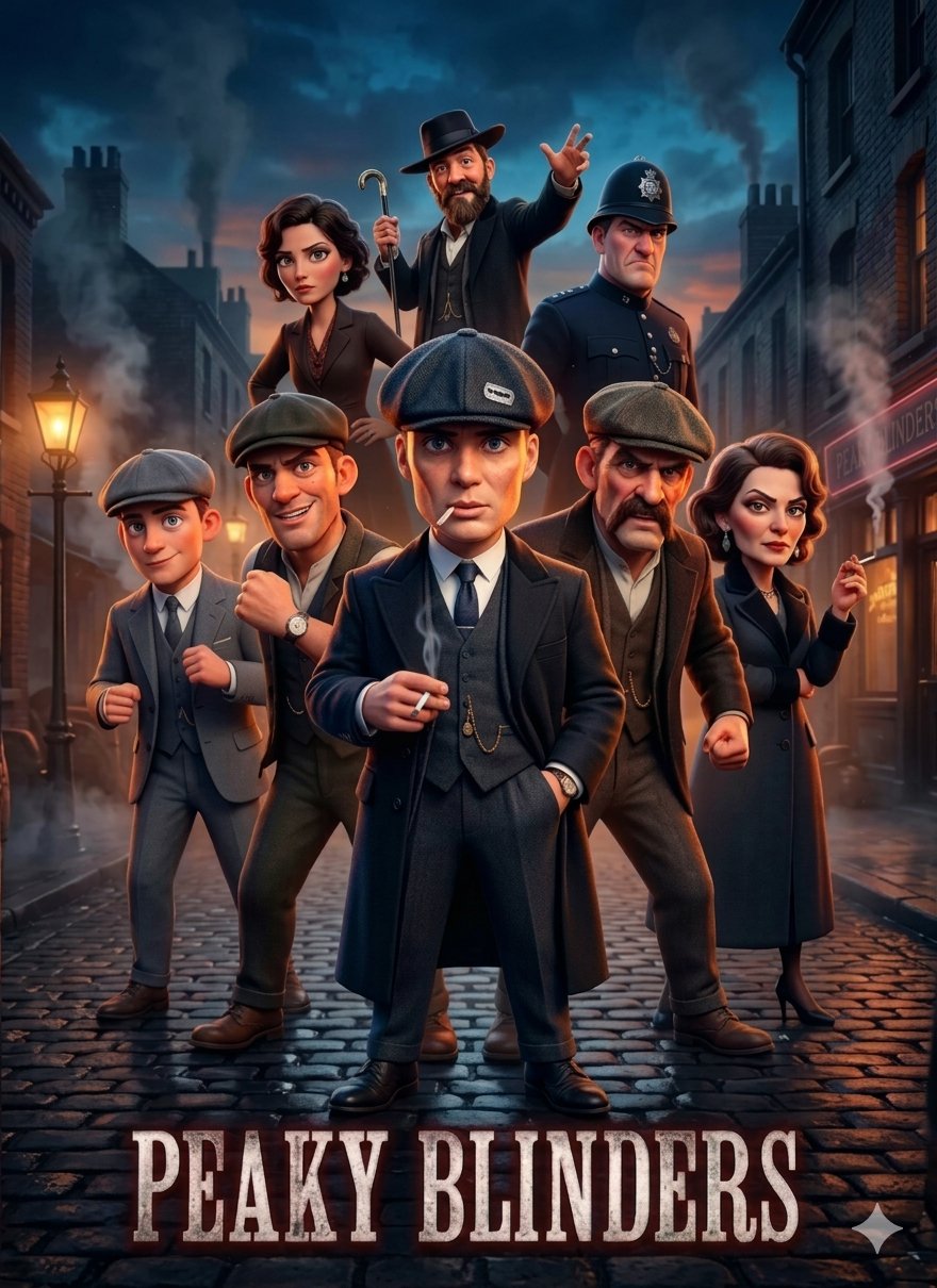 A high-quality 3D animated movie poster for "Peaky Blinders" in the sty…