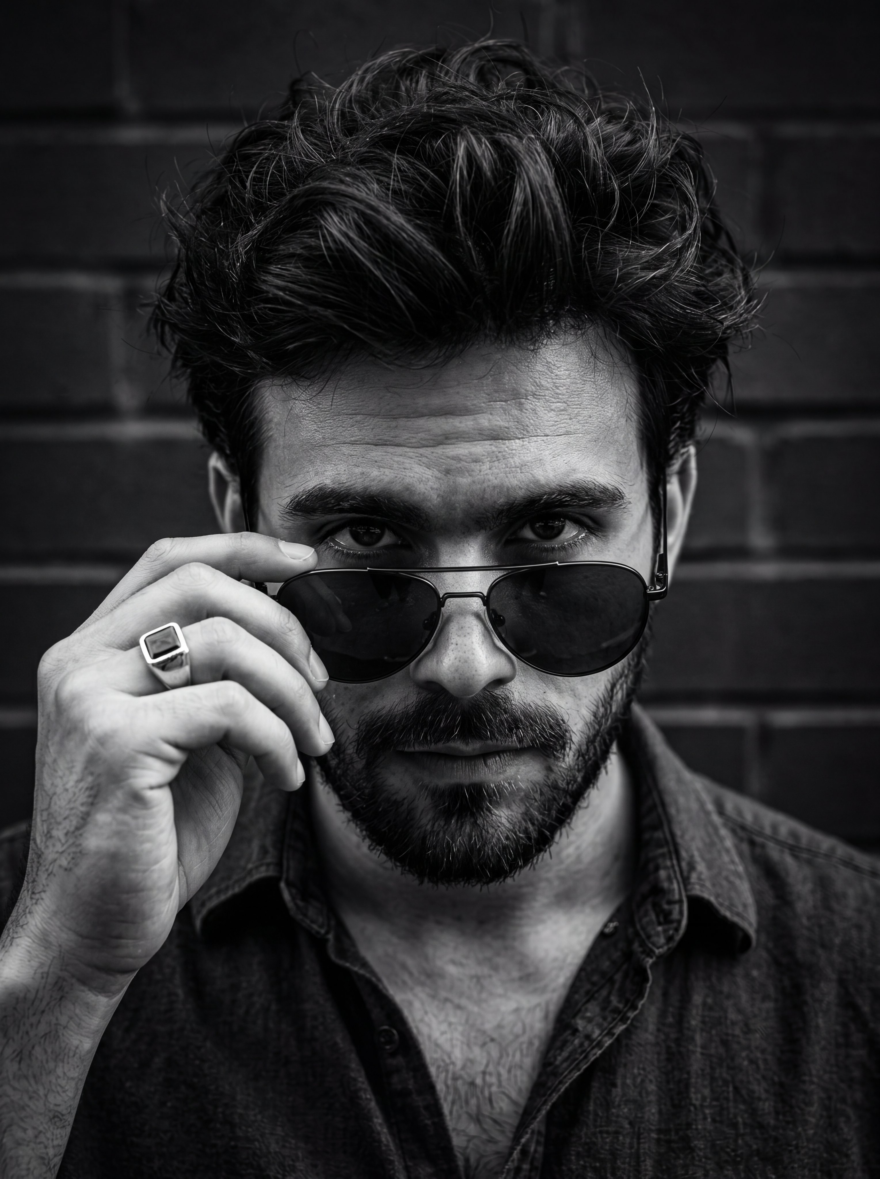 A close-up, high-contrast black and white portrait of a man looking dir…