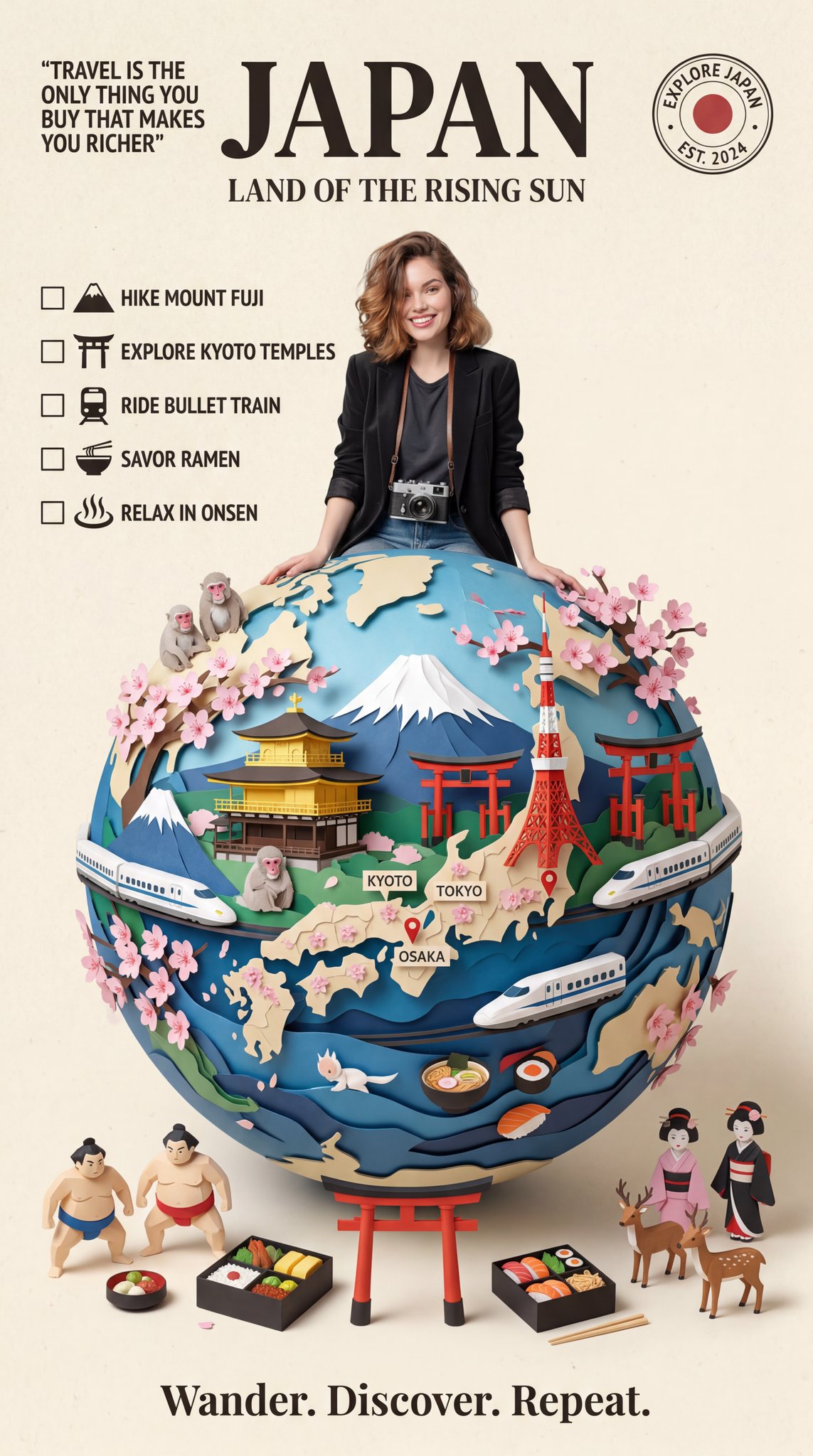 Design a premium vintage-inspired travel poster on a clean cream backgr… 1