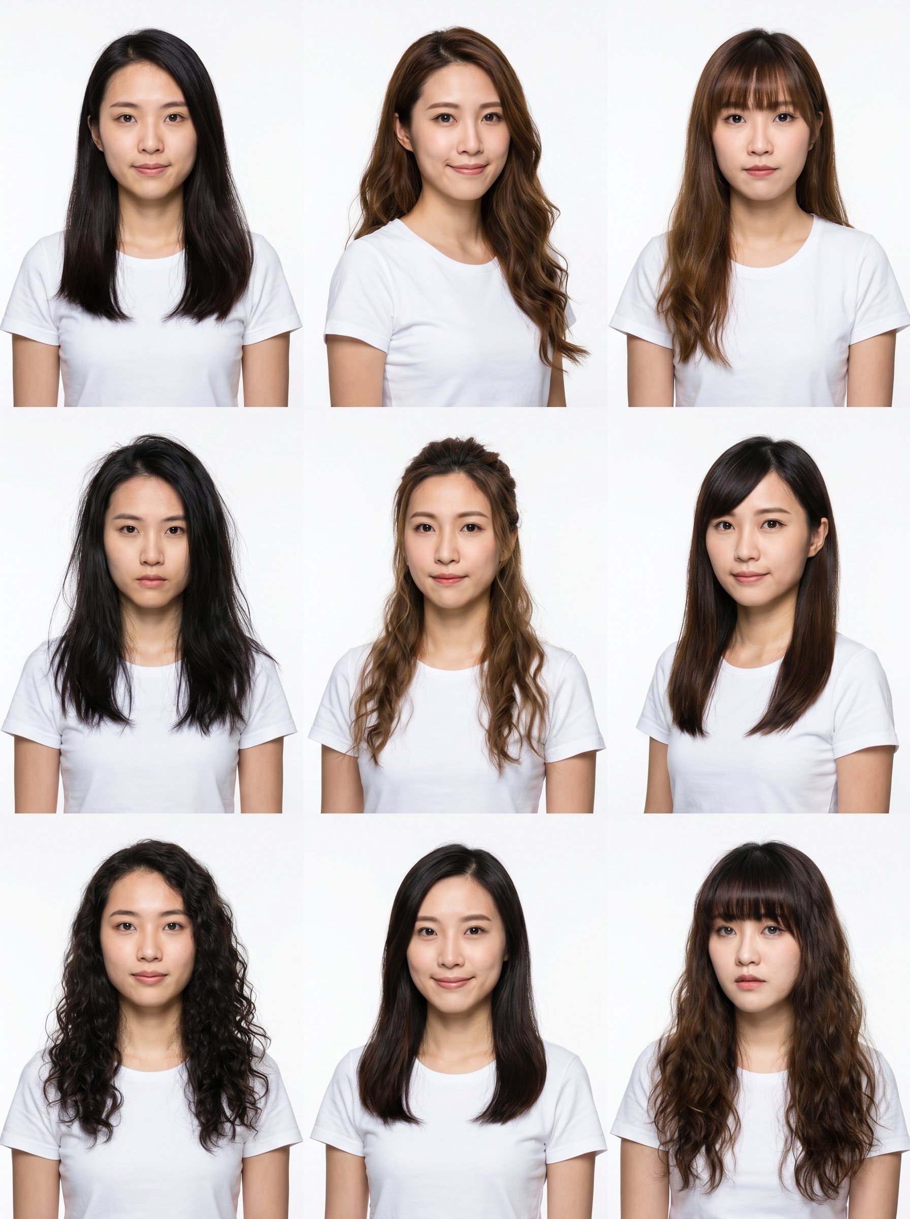 generate a 3x3 grid of portrait medium shot of 9 different east asian w…