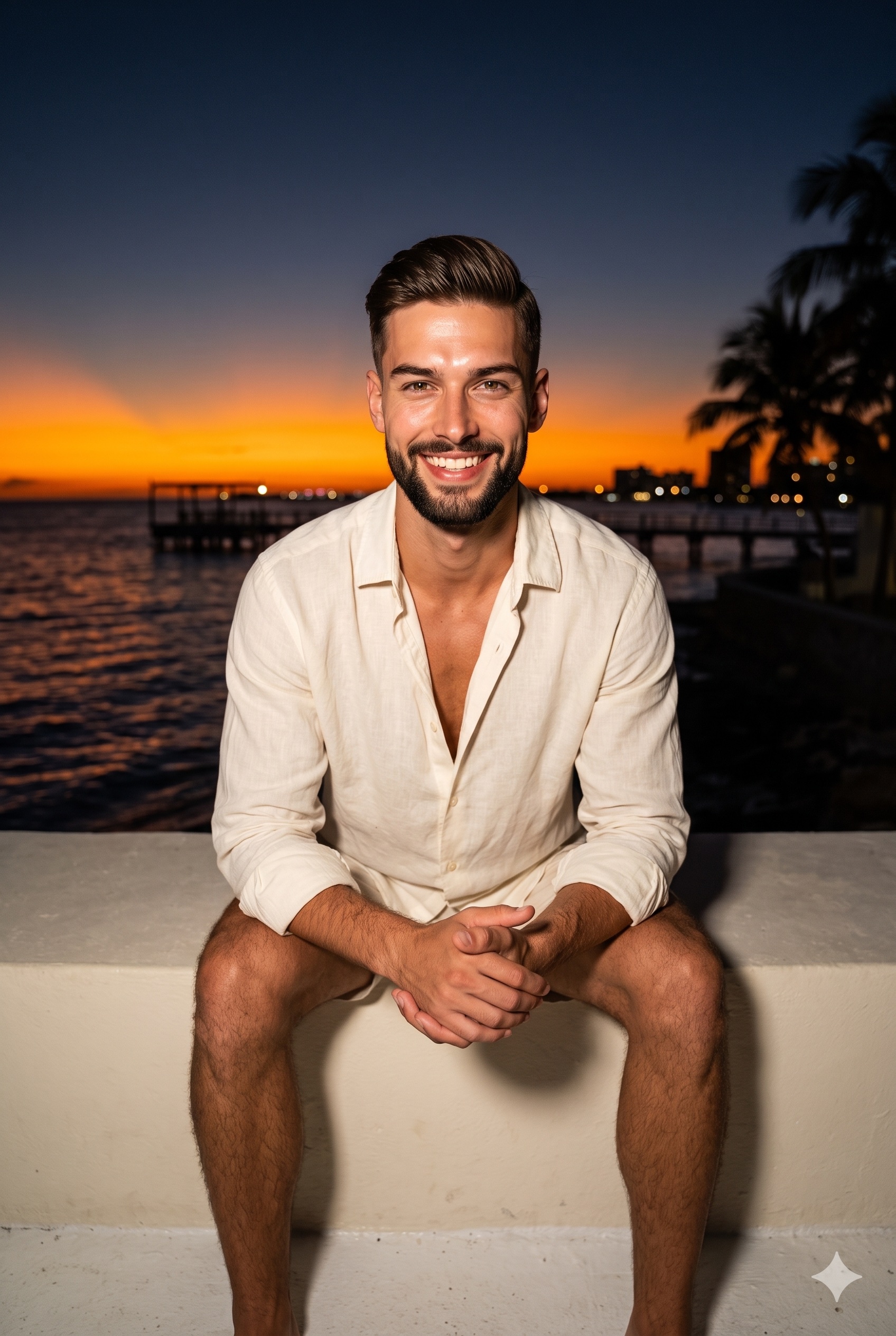 A young adult male sits centered facing the camera, radiating a genuine…
