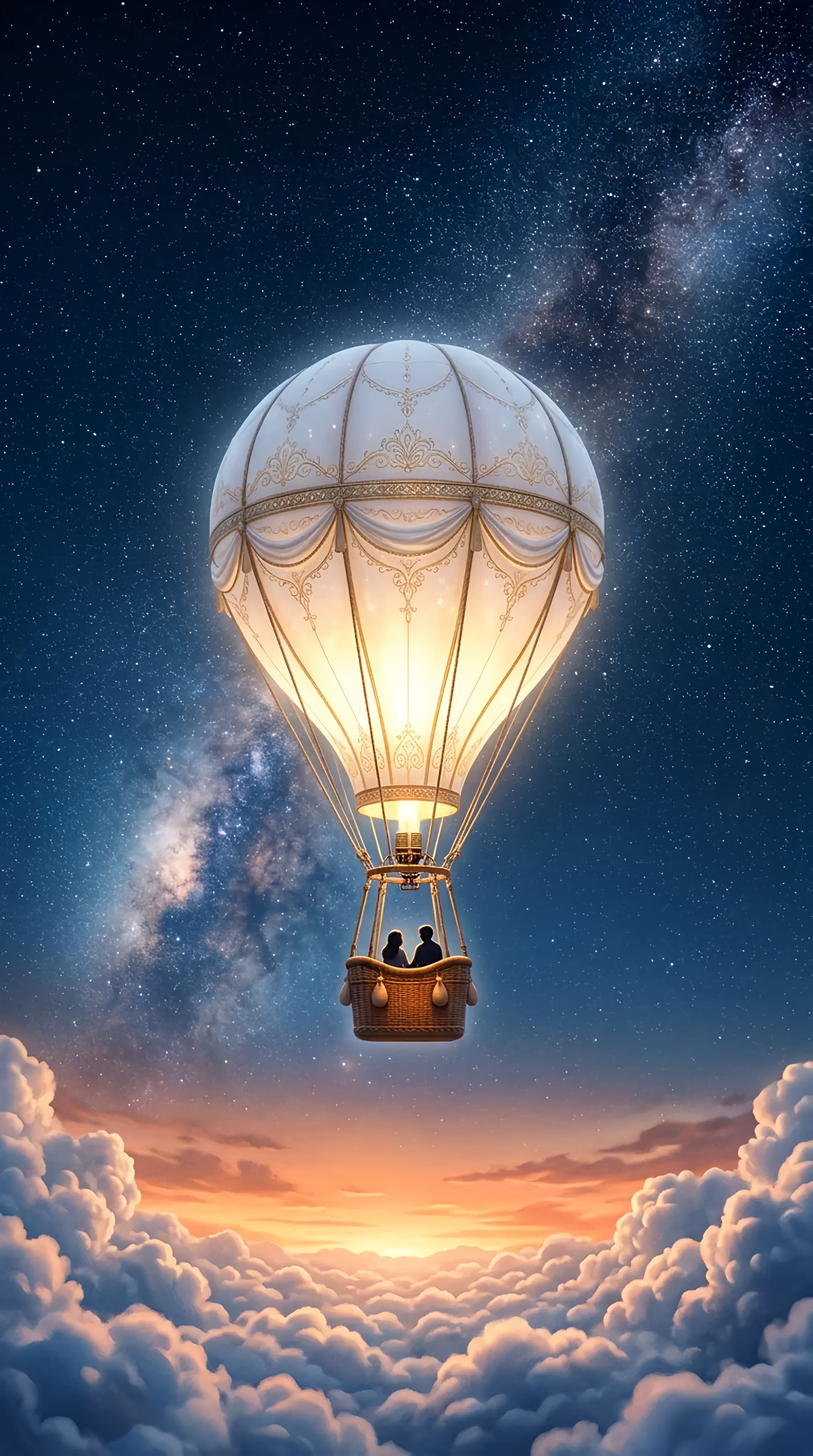 A magical white hot-air balloon, glowing from within with a warm golden… 1