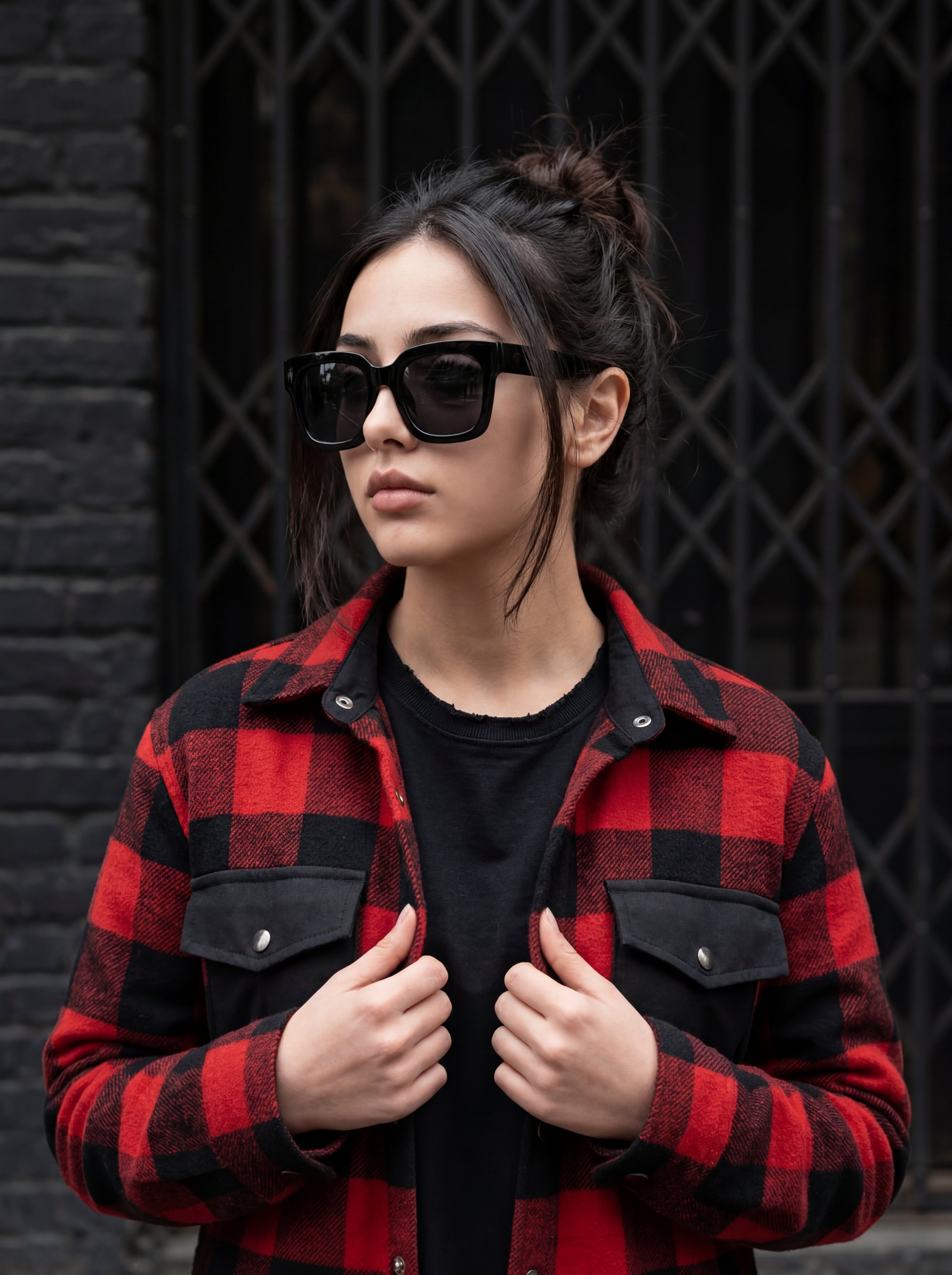 A medium shot portrait of a stylish young woman looking off to the side…