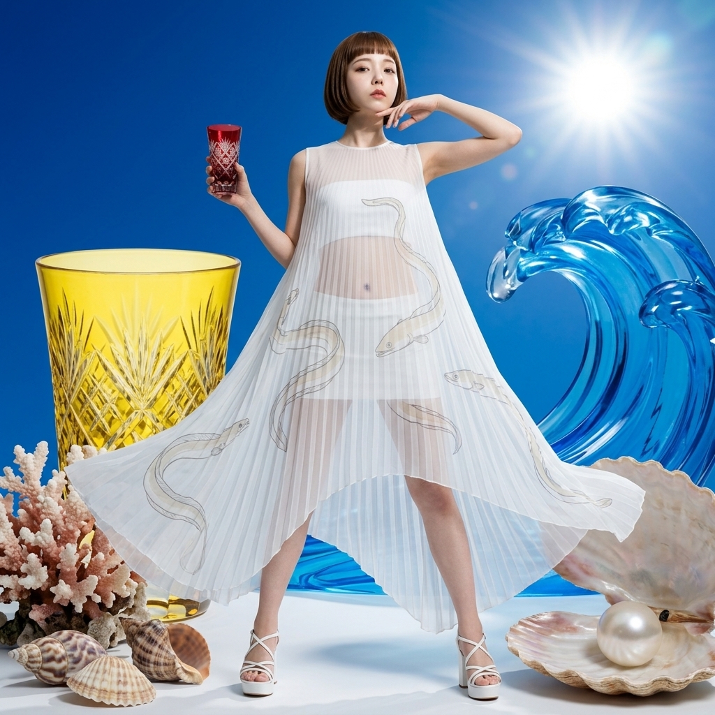 @画像を作成する テーマ｢穴子｣ 季節｢夏｣ リファレンス画像の顔と髪型を厳密に維持。 リファレンス画像の日本人女性のモデルが立っている。 ※… 1