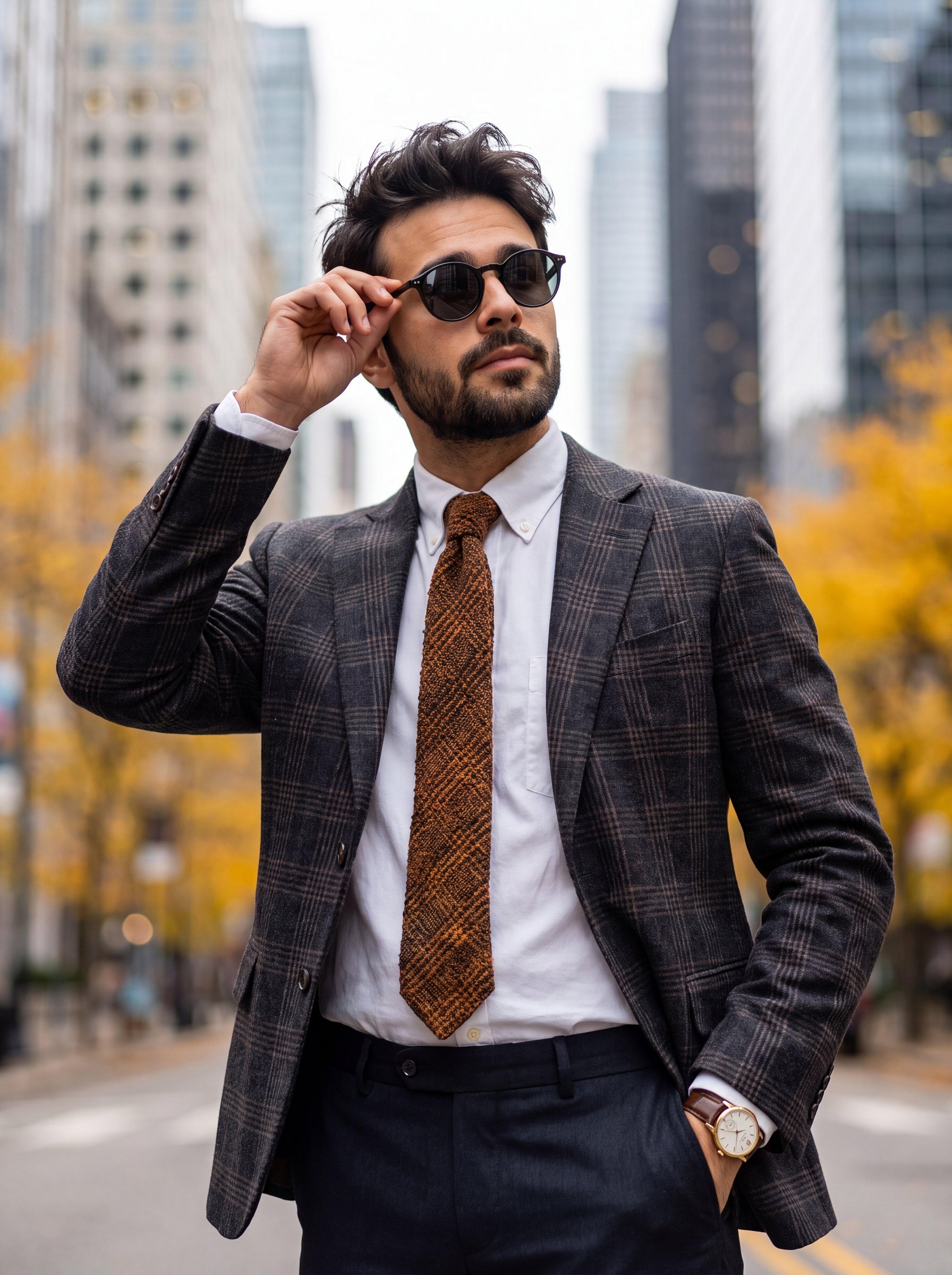 A medium shot of a stylish man with messy dark hair and well-groomed be…