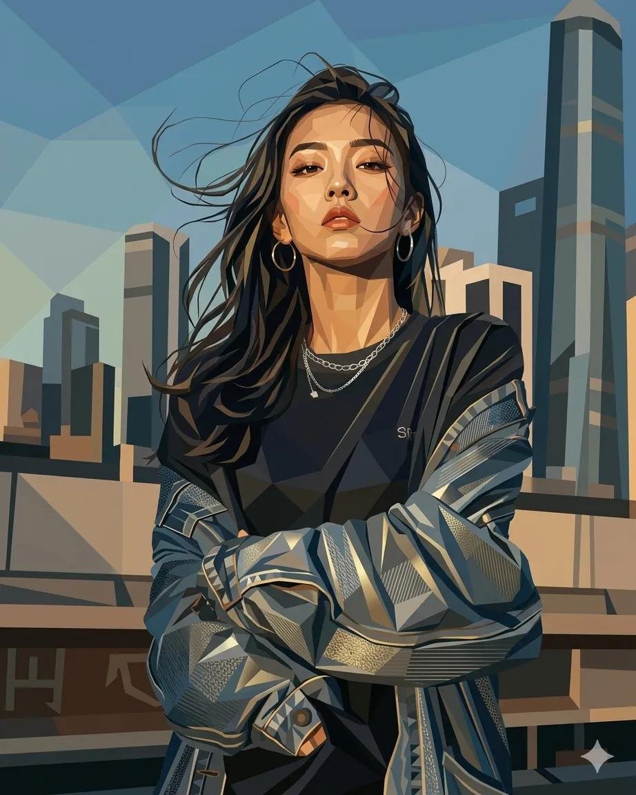 Create a highly detailed geometric fashion portrait illustration using …