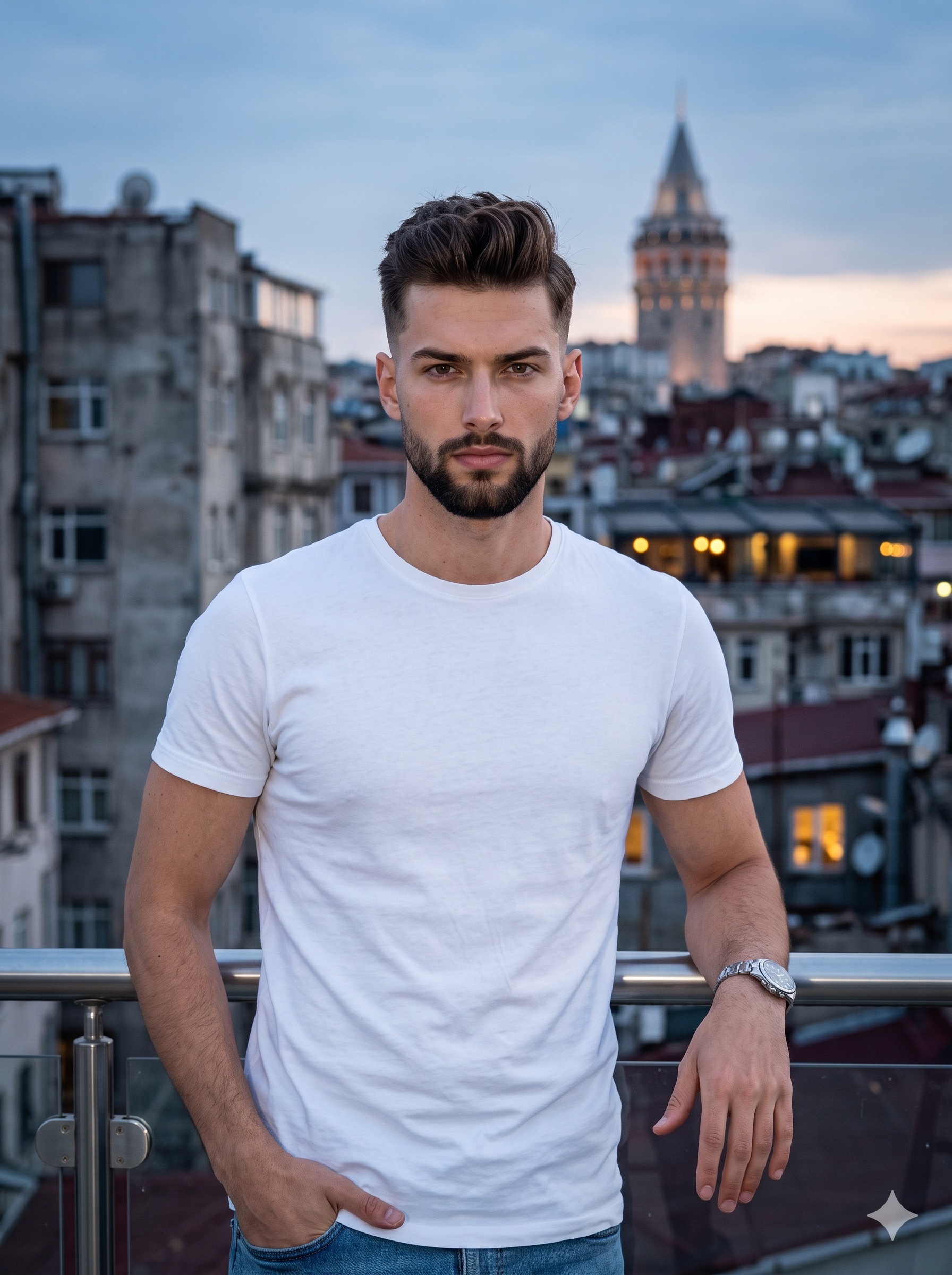 A portrait of a young male with a neat beard and short dark hair styled…