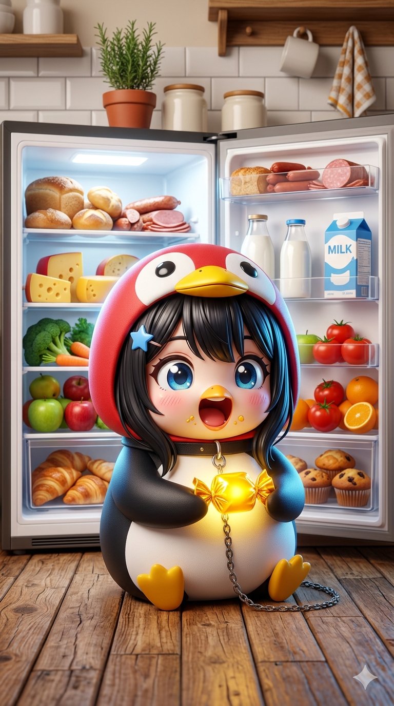 A highly detailed chibi anime girl sitting on a wooden kitchen floor, w… 2