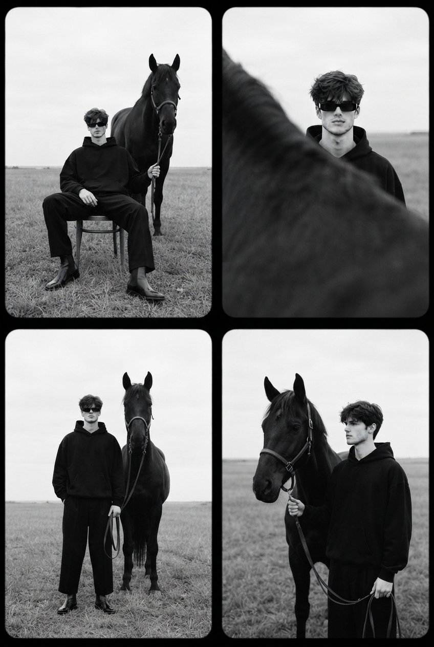 Create an ultra realistic fine art black and white editorial photo coll…