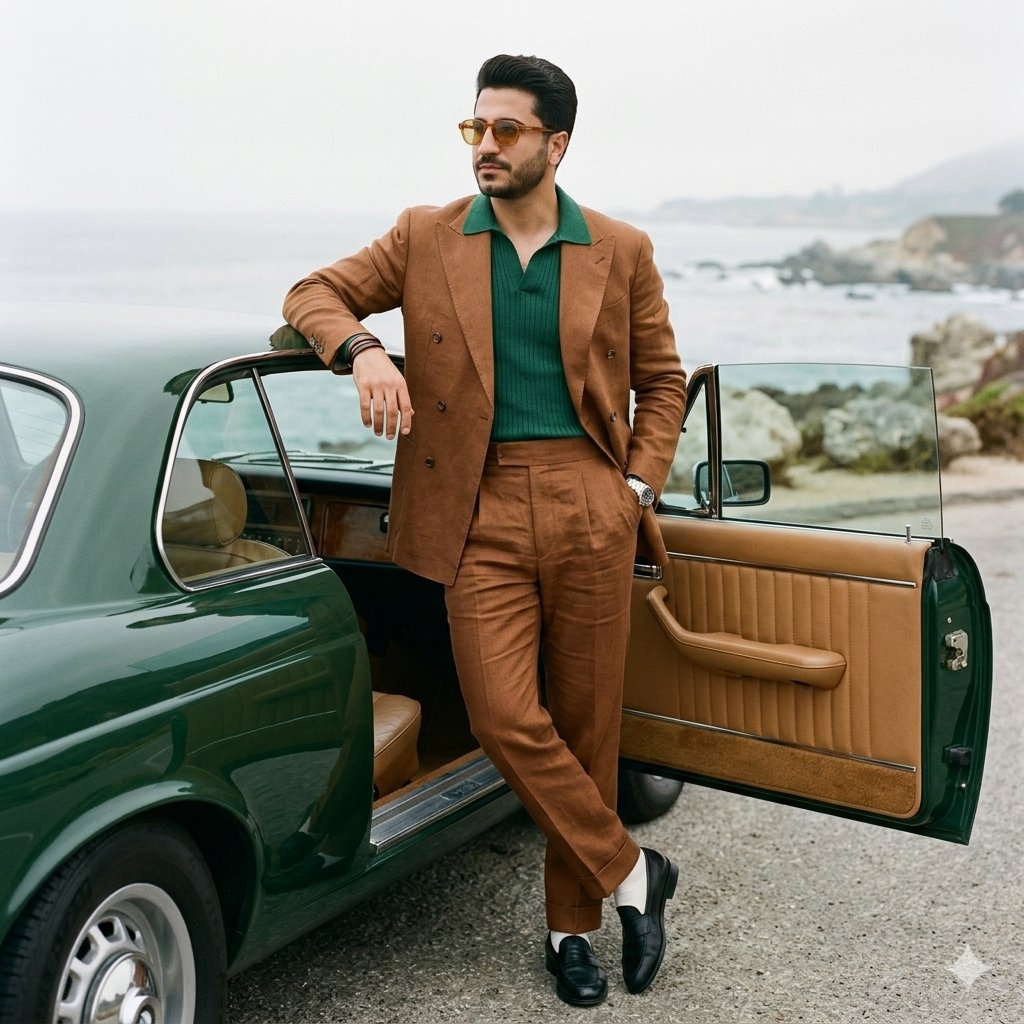 A stylish South Asian man in his late 20s to early 30s with sharp beard…