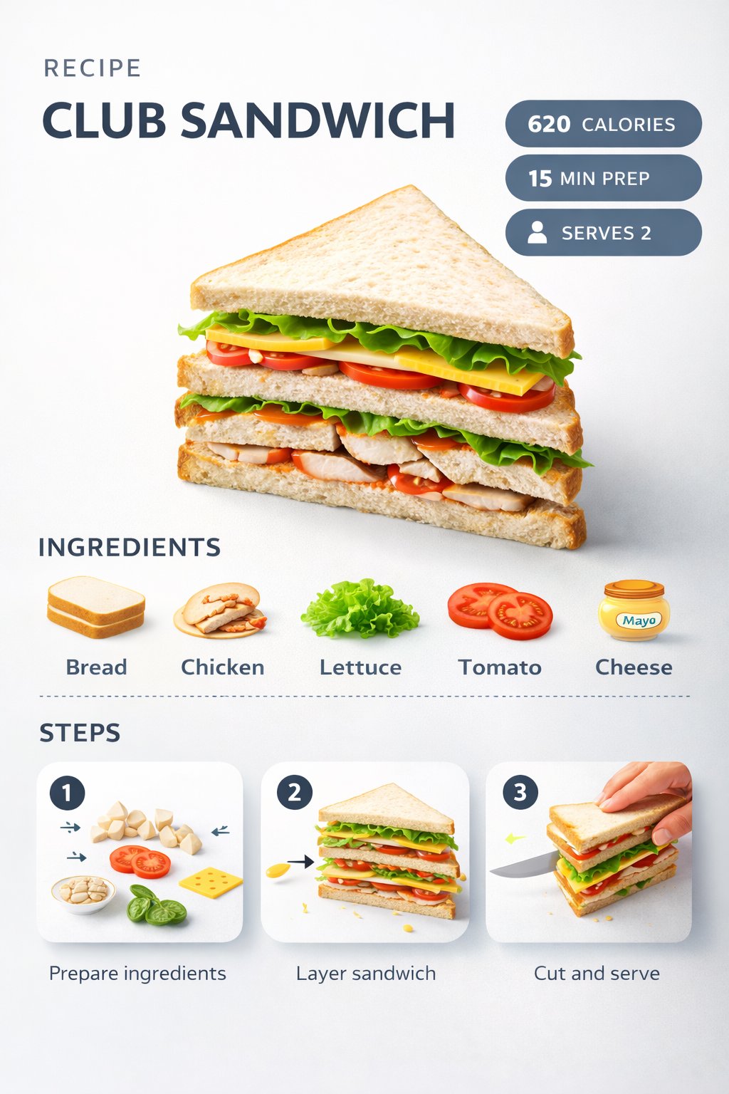 Ultra-clean modern recipe infographic. Showcase Club Sandwich cut diago…