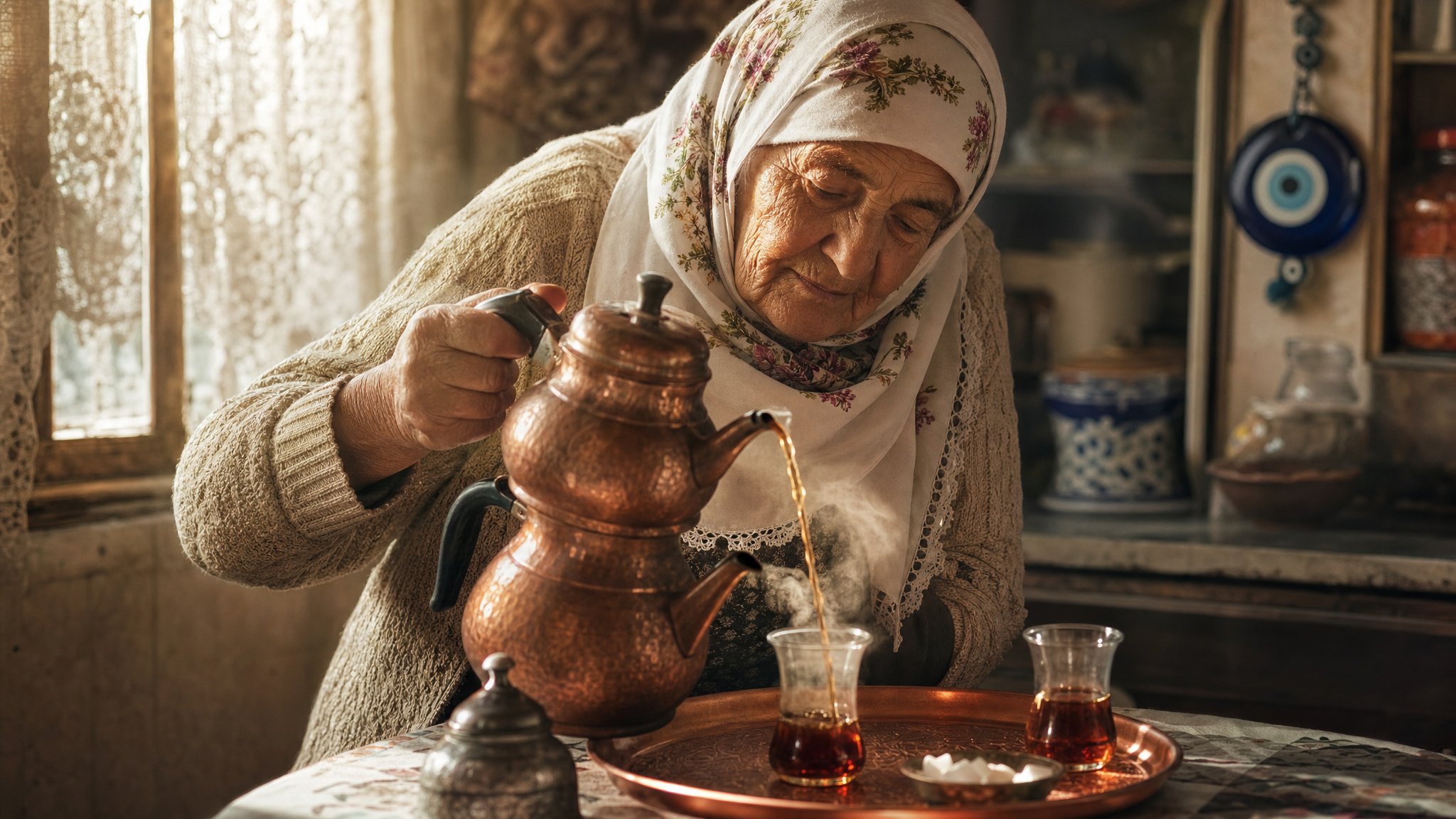 A 78-year-old Turkish grandma with a white floral headscarf (yazma), we… 2