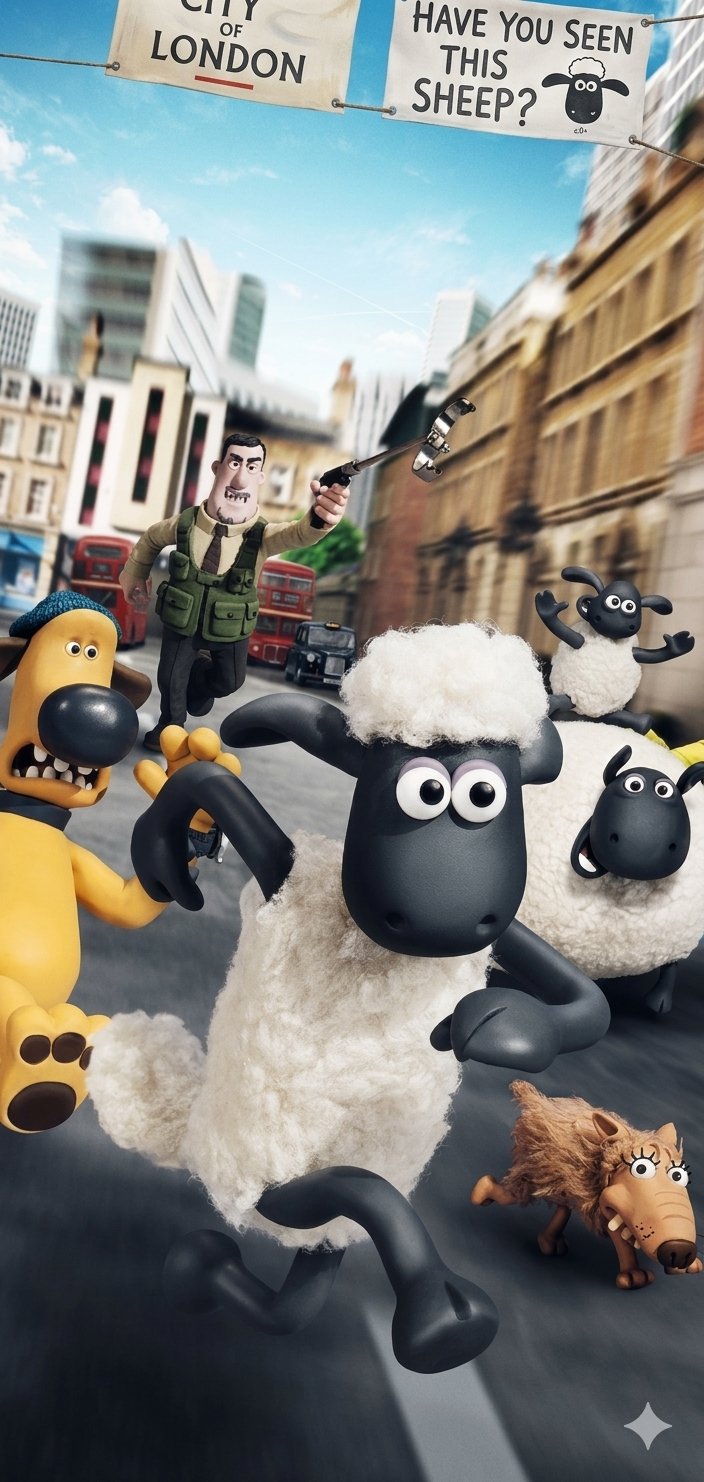 A high-energy 3D claymation-style movie poster featuring Shaun the Shee…