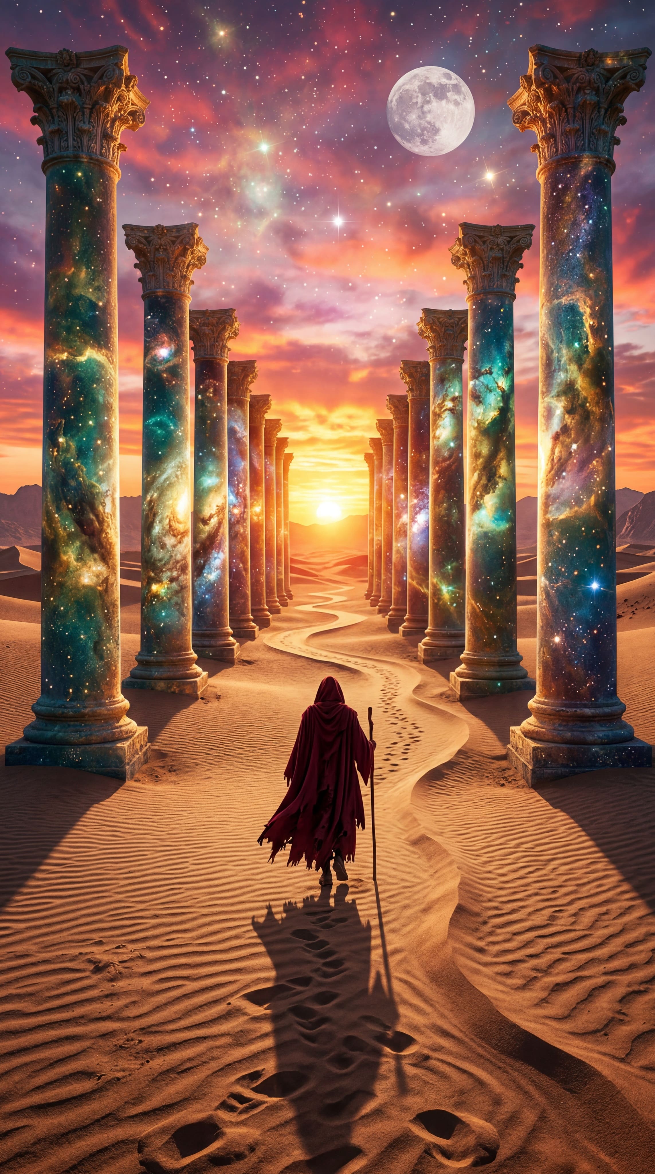 Model: Nano Banana 2 A lone, cloaked figure in a dark red robe walks do… 1