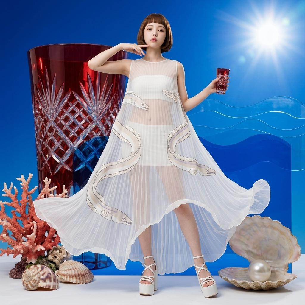 @画像を作成する テーマ｢穴子｣ 季節｢夏｣ リファレンス画像の顔と髪型を厳密に維持。 リファレンス画像の日本人女性のモデルが立っている。 ※…