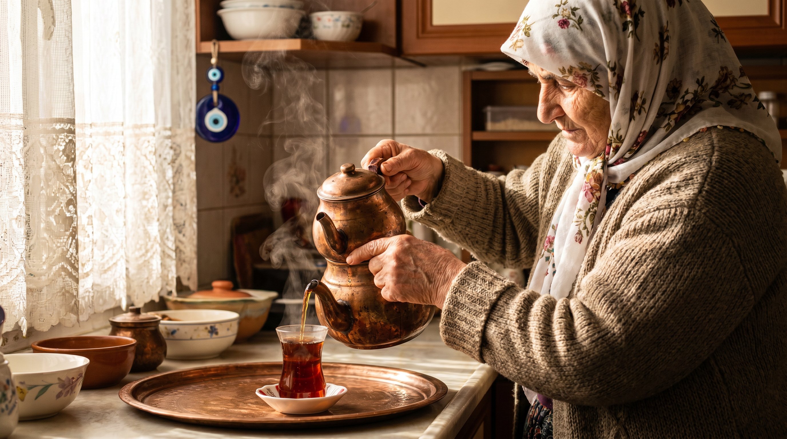 A 78-year-old Turkish grandma with a white floral headscarf (yazma), we… 1