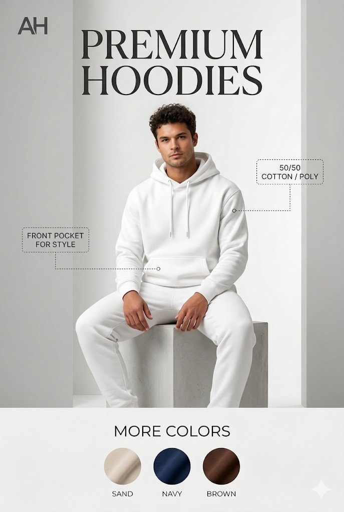 Create a premium fashion advertisement poster for “AH” hoodies in a min…