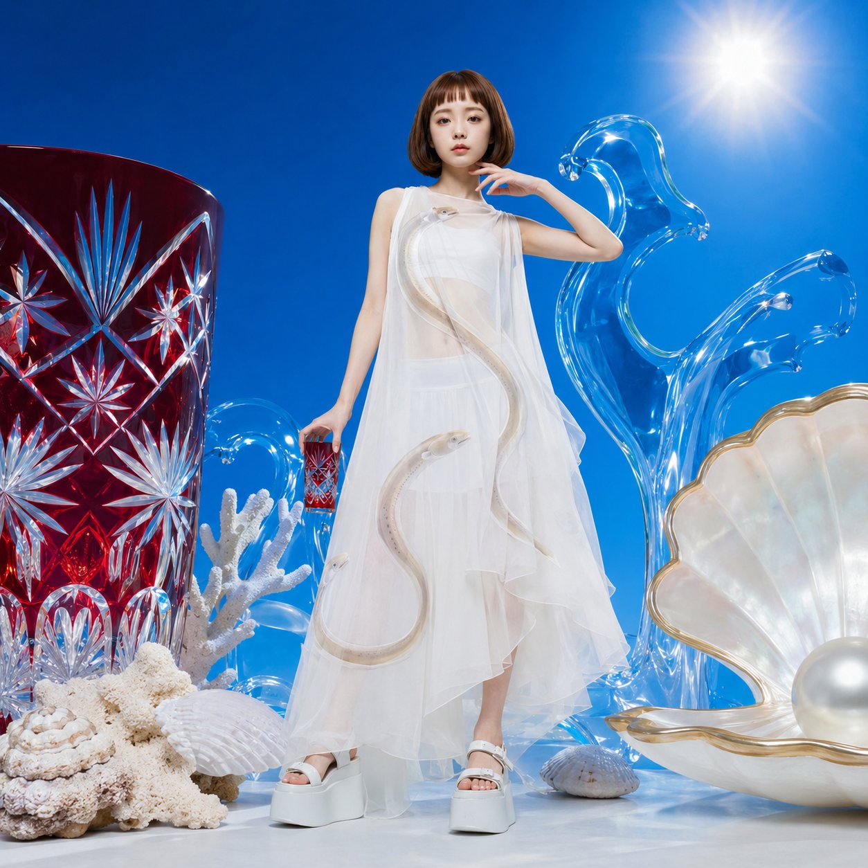 @画像を作成する テーマ｢穴子｣ 季節｢夏｣ リファレンス画像の顔と髪型を厳密に維持。 リファレンス画像の日本人女性のモデルが立っている。 ※… 2