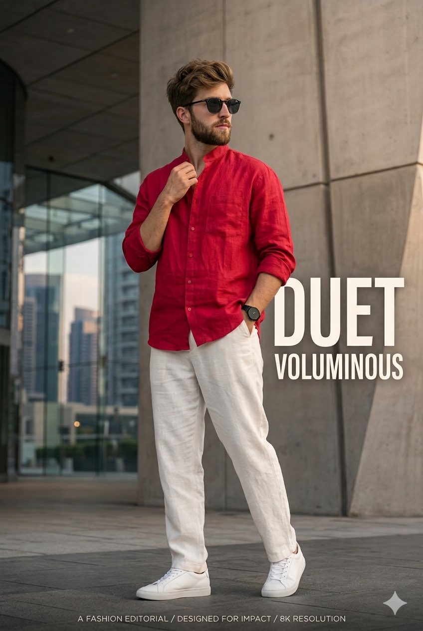 Create an ultra-realistic 8K fashion poster of @ Duet stylish young Sou…