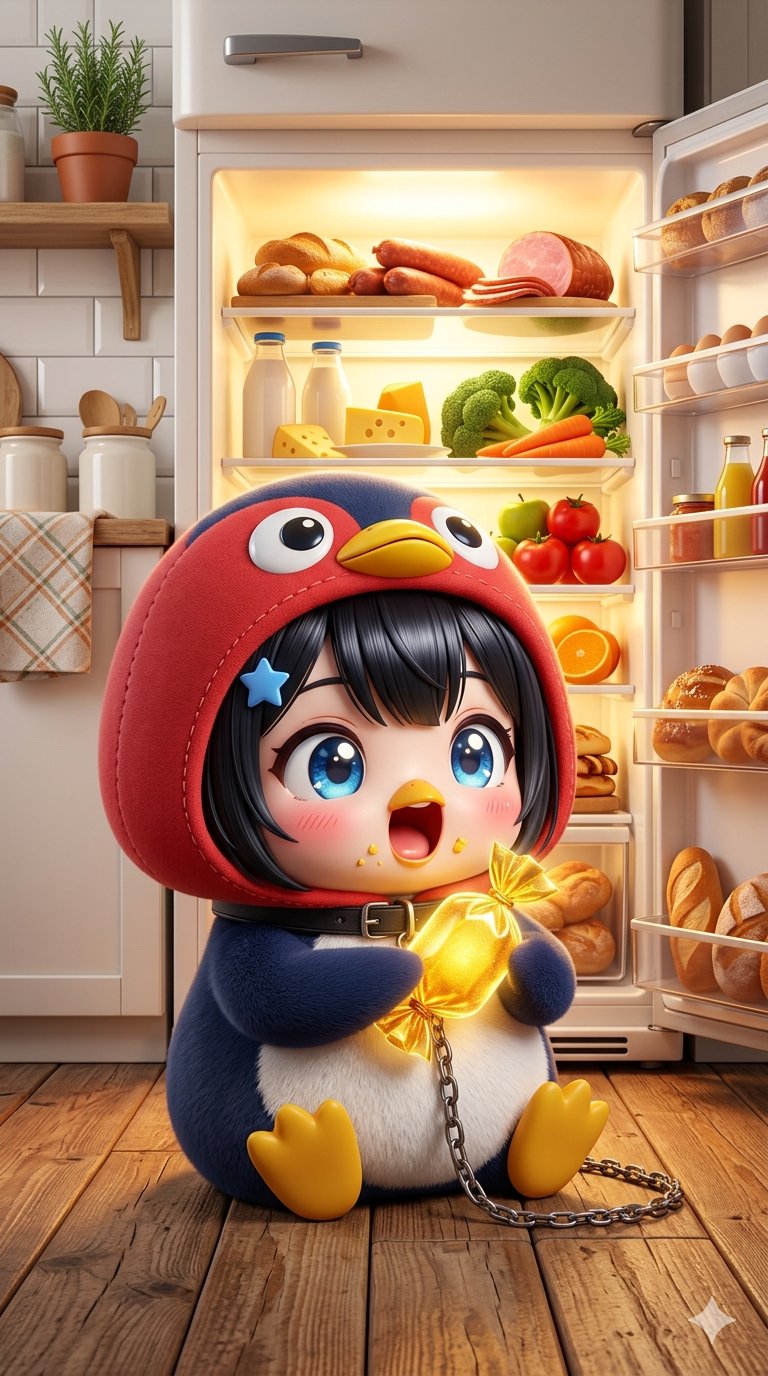 A highly detailed chibi anime girl sitting on a wooden kitchen floor, w… 1