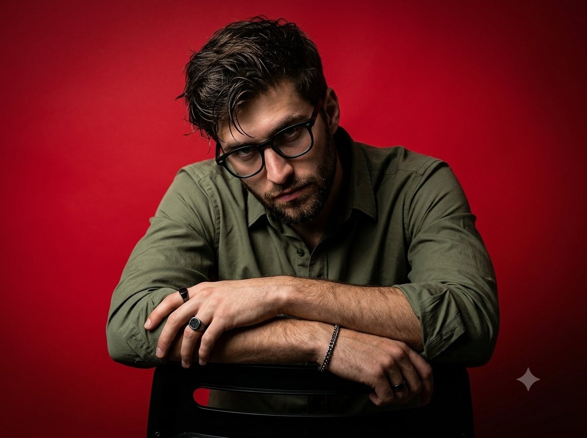 A dramatic, high-contrast studio portrait of a man with dark messy hair…