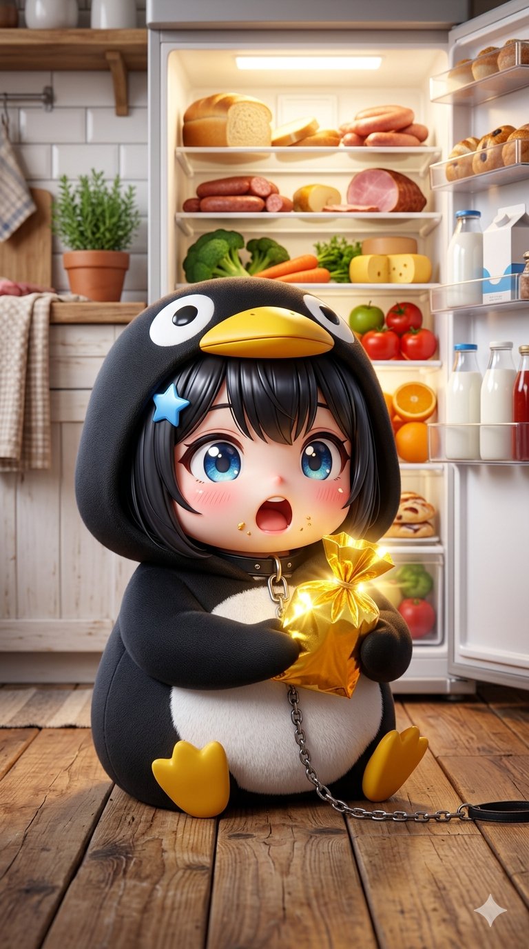 A highly detailed chibi anime girl sitting on a wooden kitchen floor, w…