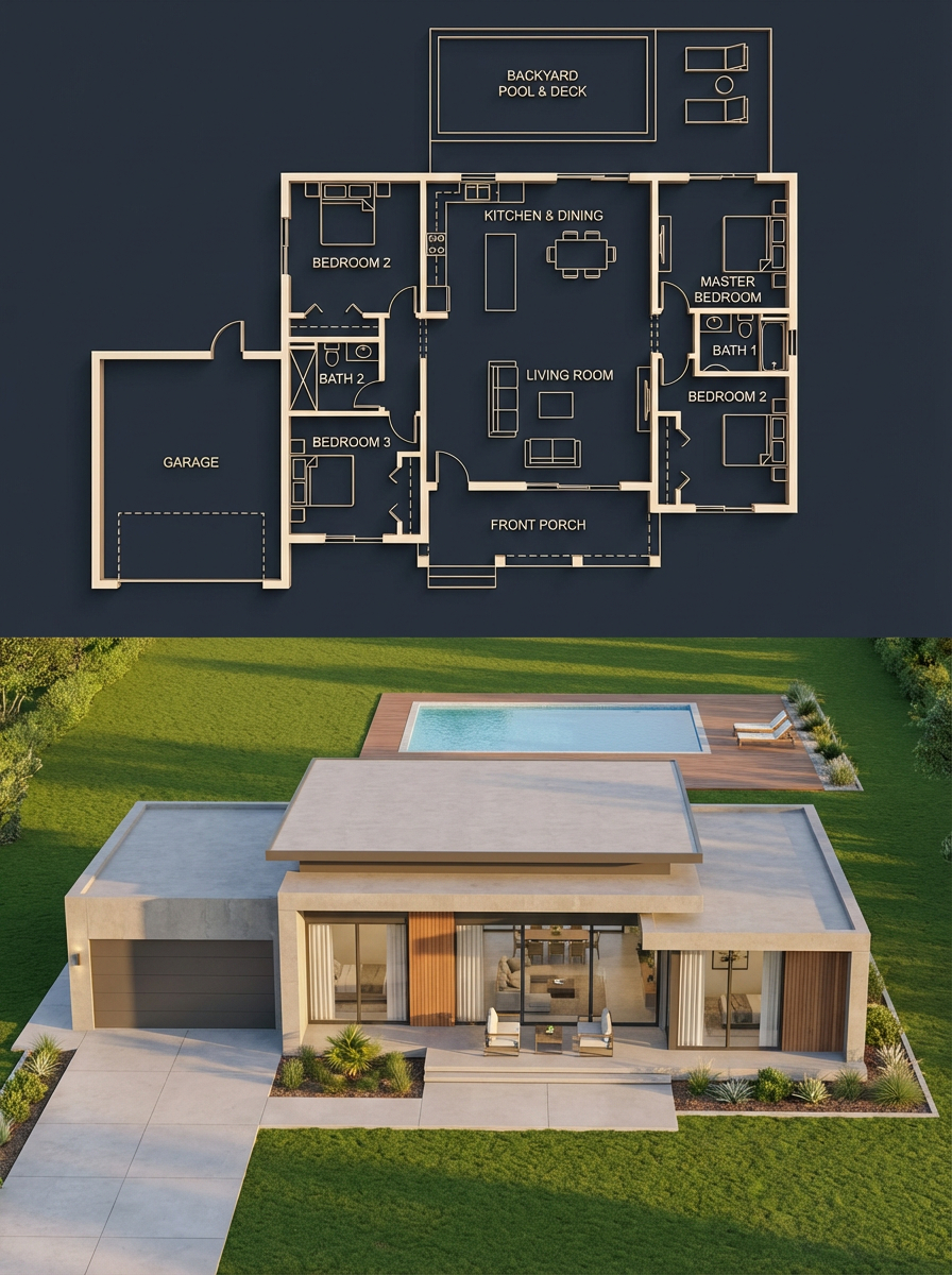 { "objective": "Create a split architectural visualization where the to…