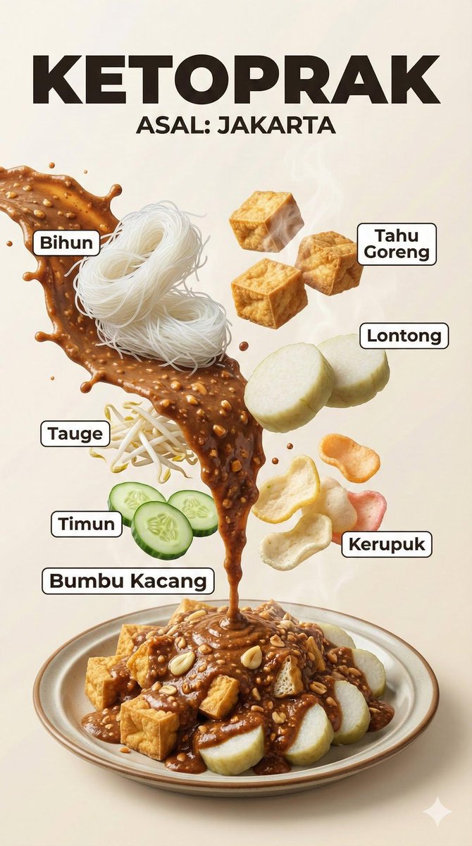 A hyper-realistic Indonesian food infographic poster with dramatic floa…