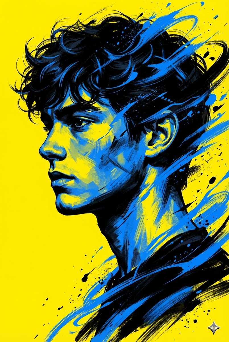 A bold, high contrast digital portrait of a young man in side profile, …