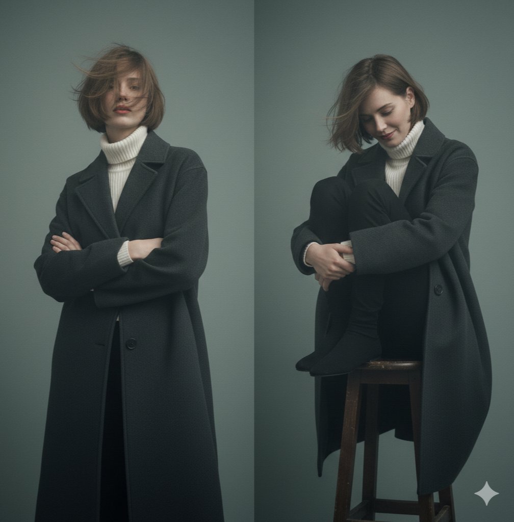 Left Pane: A young woman with a bob haircut stands facing the camera wi…