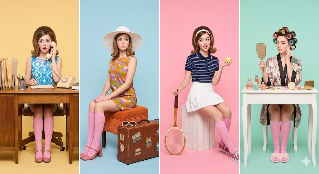 A retro-inspired studio photoshoot featuring a young woman styled in fo…