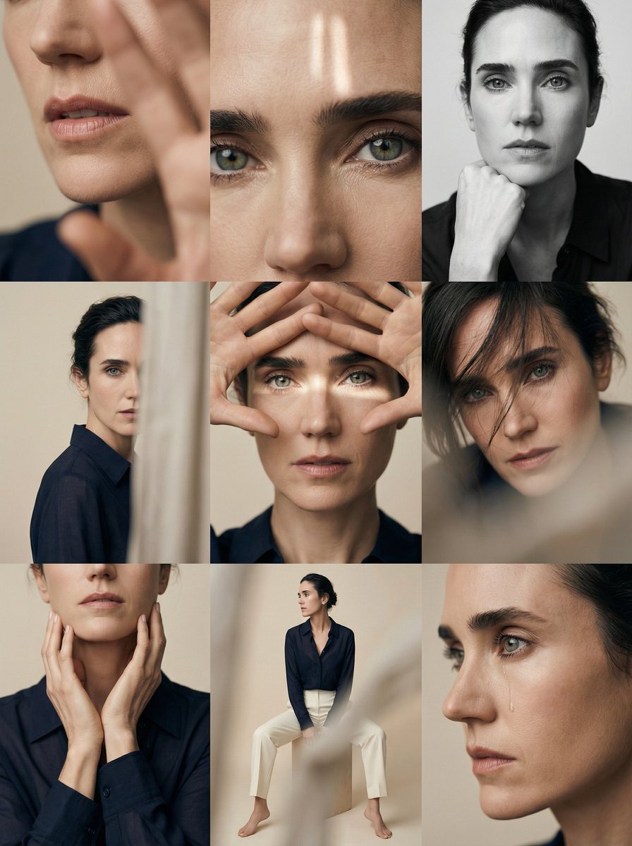 Editorial 3x3 photo grid in a clean soft beige studio. Character (match…