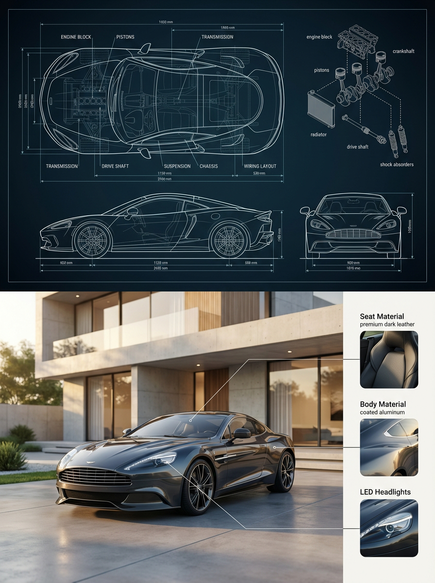 { "objective": "Create a premium split composition showing a detailed a…