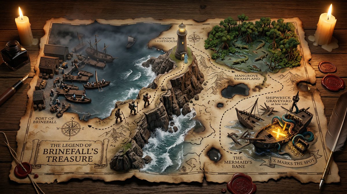 A hand-drawn treasure map on aged parchment, with the adventure eruptin…