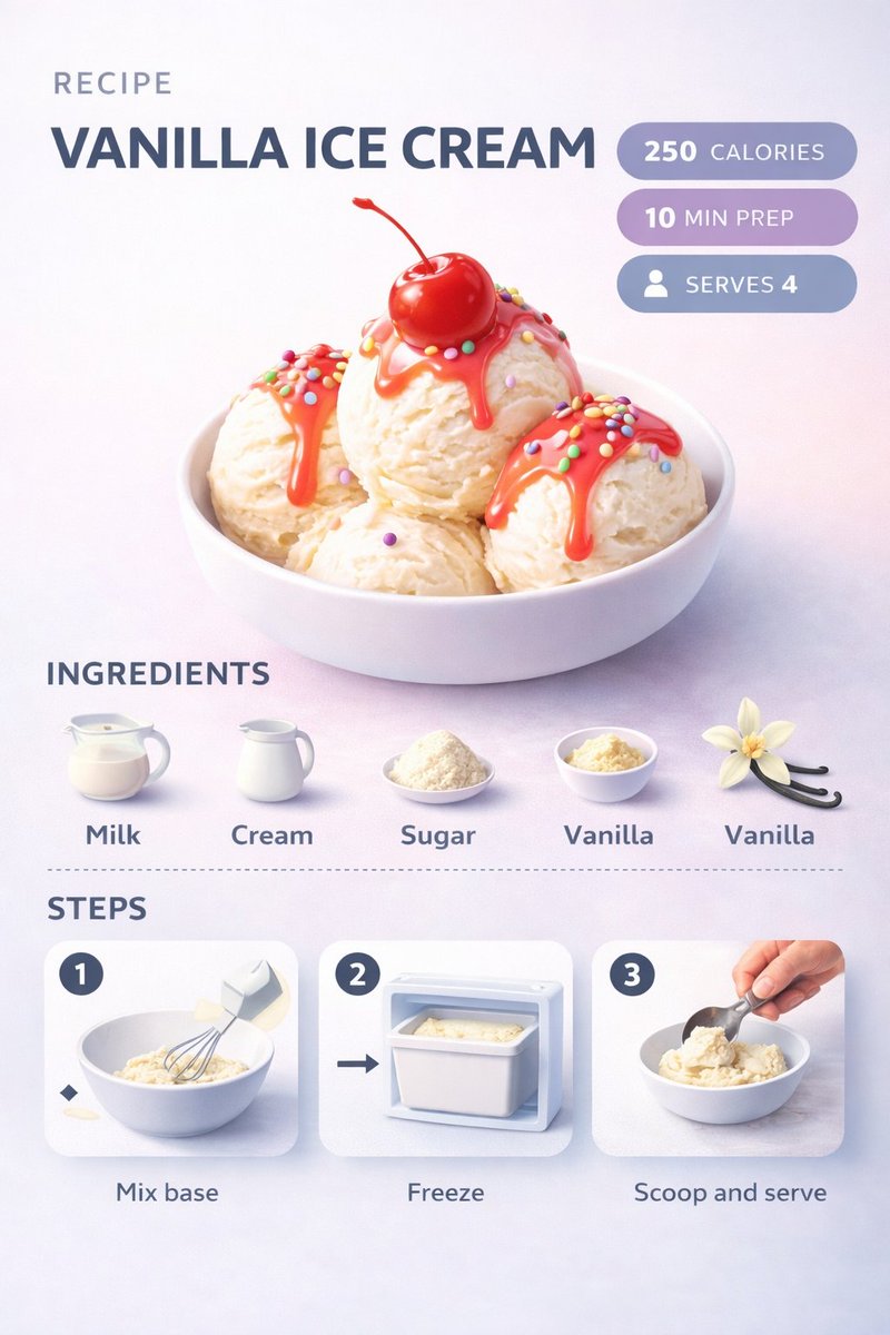 Ultra-clean modern recipe infographic. Showcase Vanilla Ice Cream Scoop…