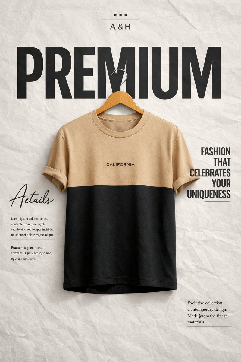 Create a high-end minimalist fashion advertisement poster. Background: …