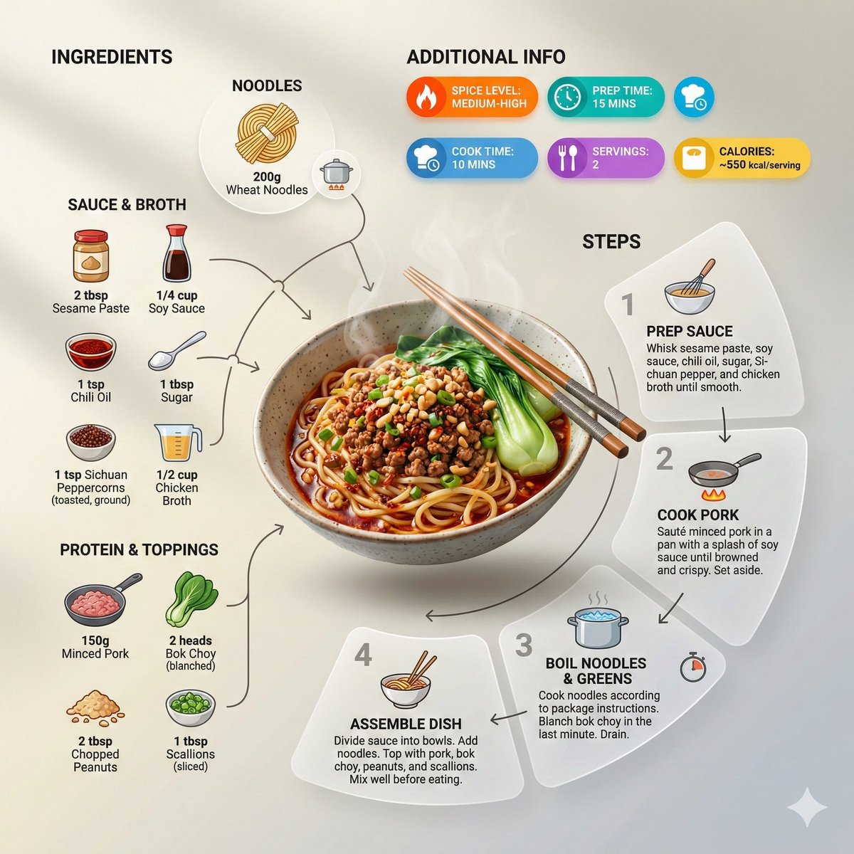 Ultra-clean modern recipe infographic. Showcase Noodles in a visually a…