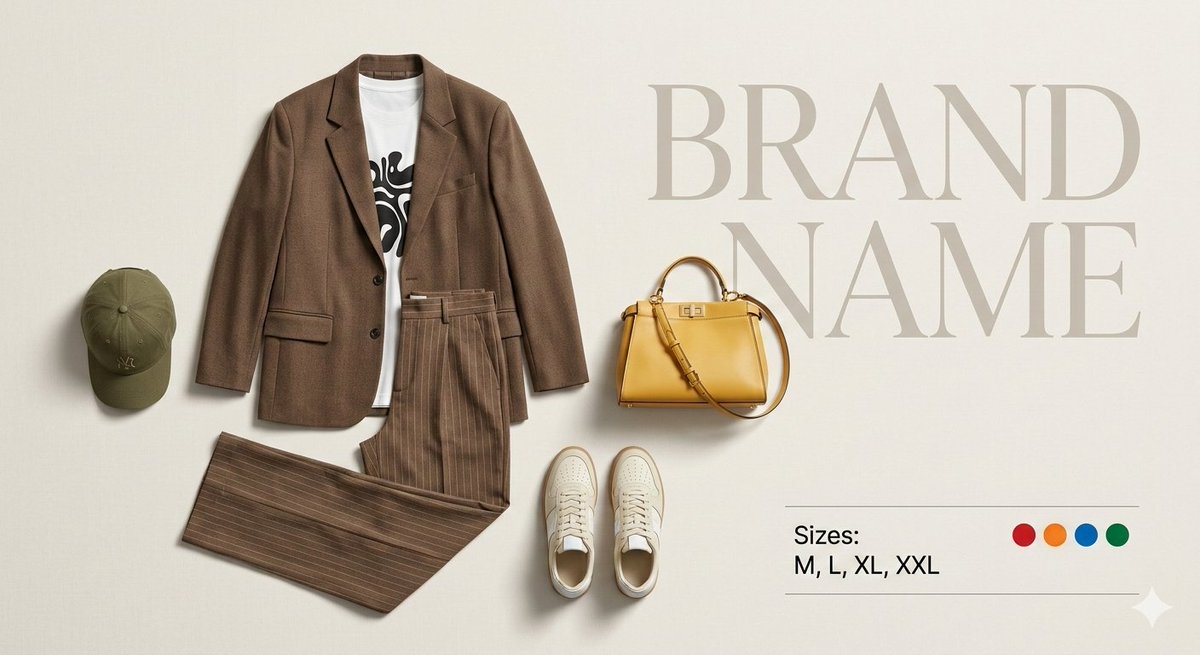 Create a premium fashion catalog flat lay on a clean soft beige studio …