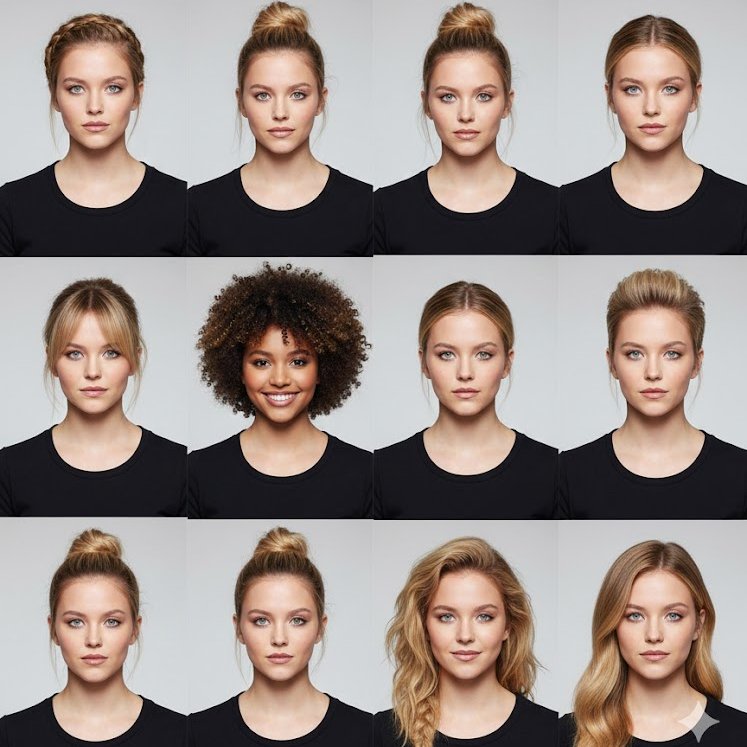 A 3×3 grid collage featuring the same female model, each square showing…