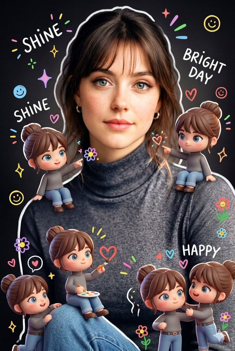 Surrounding the realistic main subject are multiple cute, 3D-style chib…