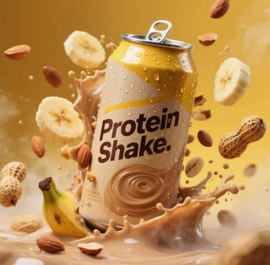 Hyper-realistic product advertisement of a protein shake can with yello…