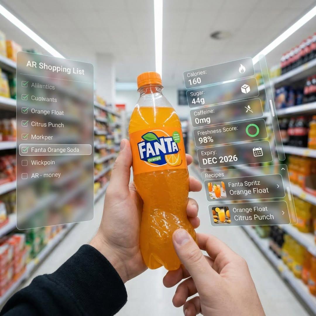 First-person perspective inside a brightly lit supermarket aisle. Reali…