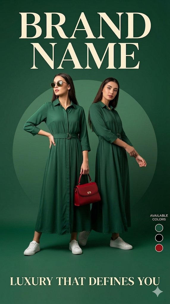 Luxury fashion advertisement poster, deep green background with a soft …