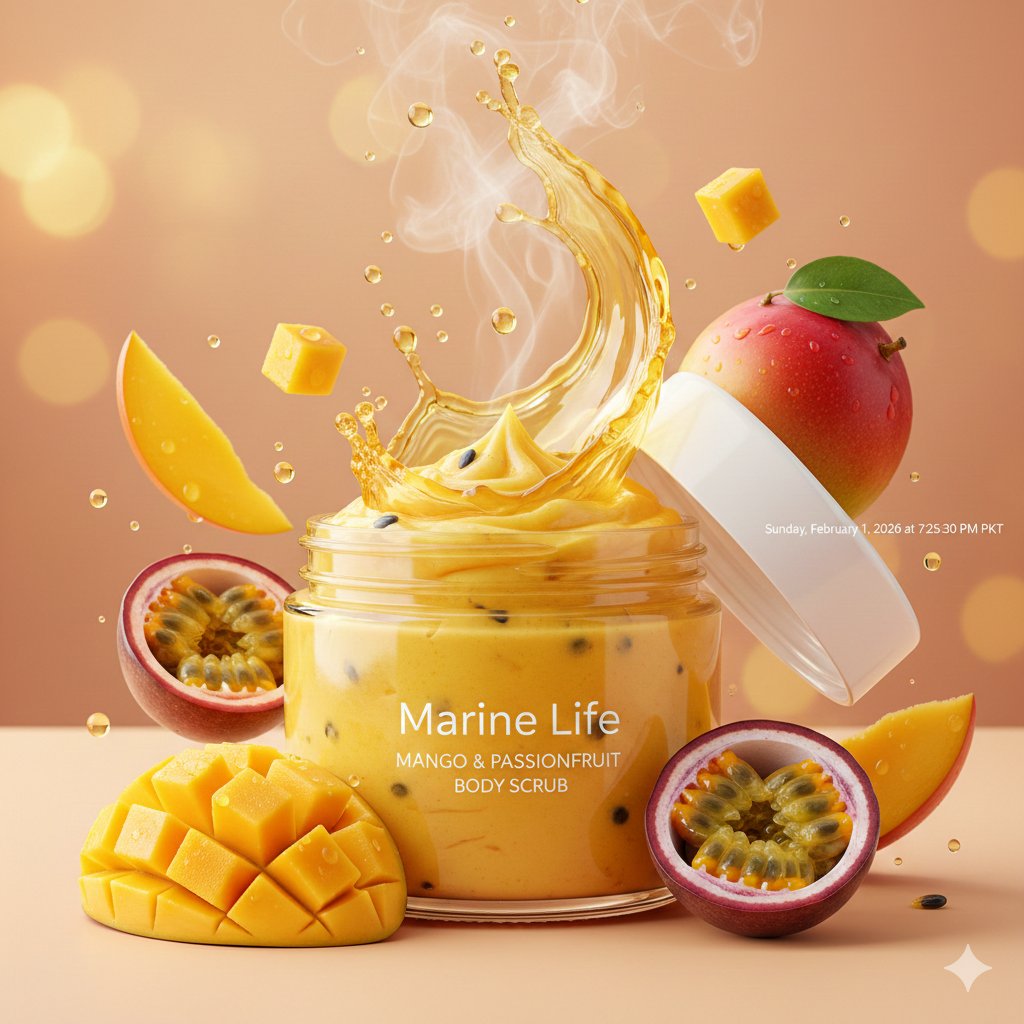 Luxurious tropical body scrub product photography, open jar of bright v…