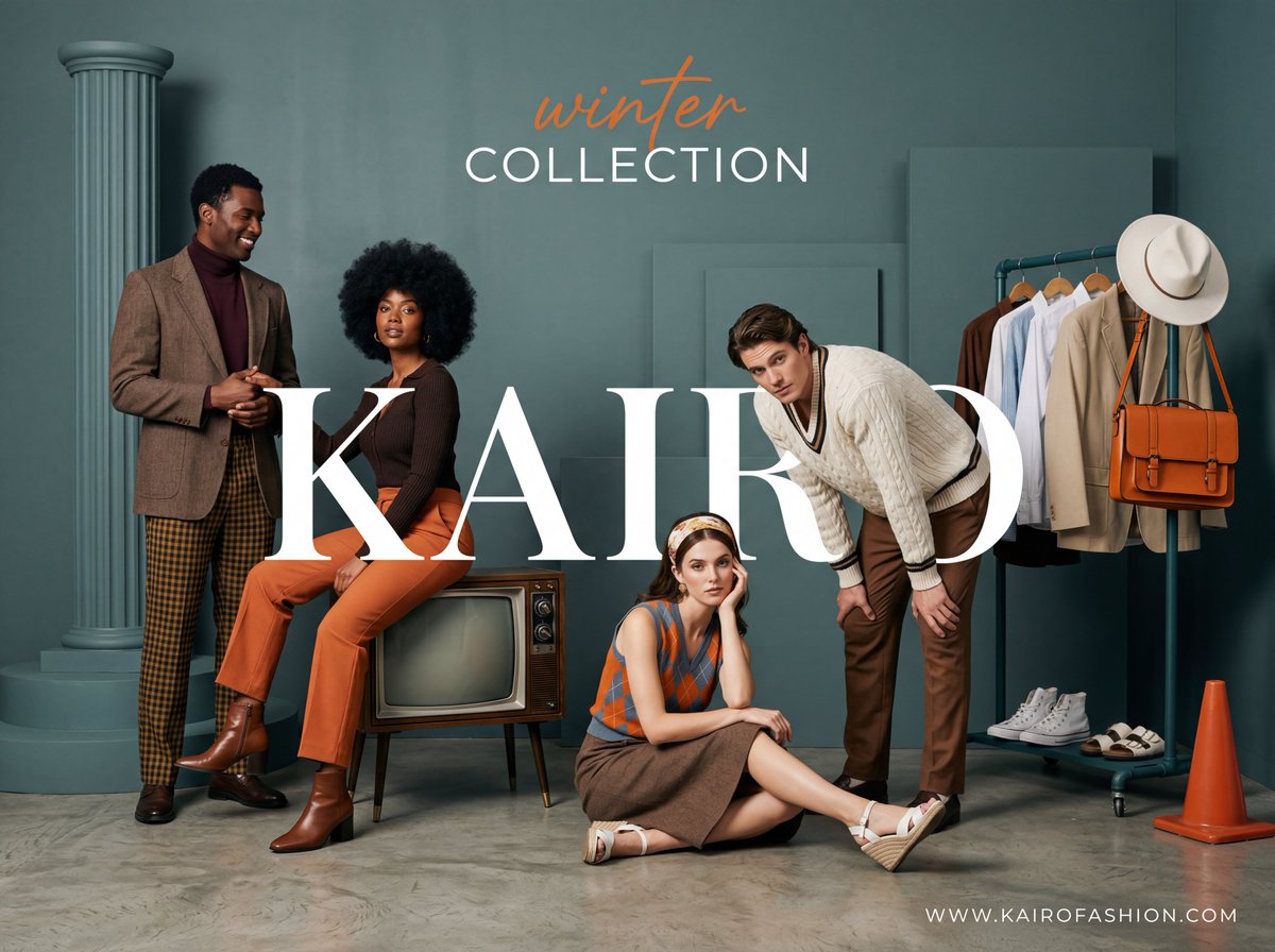 A wide-angle, studio fashion advertisement with a sophisticated retro-m…